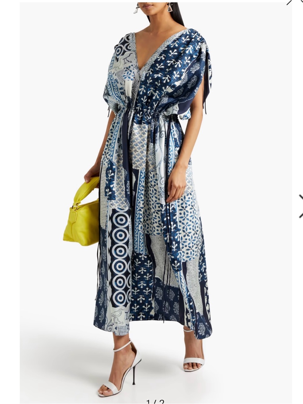 Oscar de la Renta Blue Patchwork V-Neck silk  Midi Dress